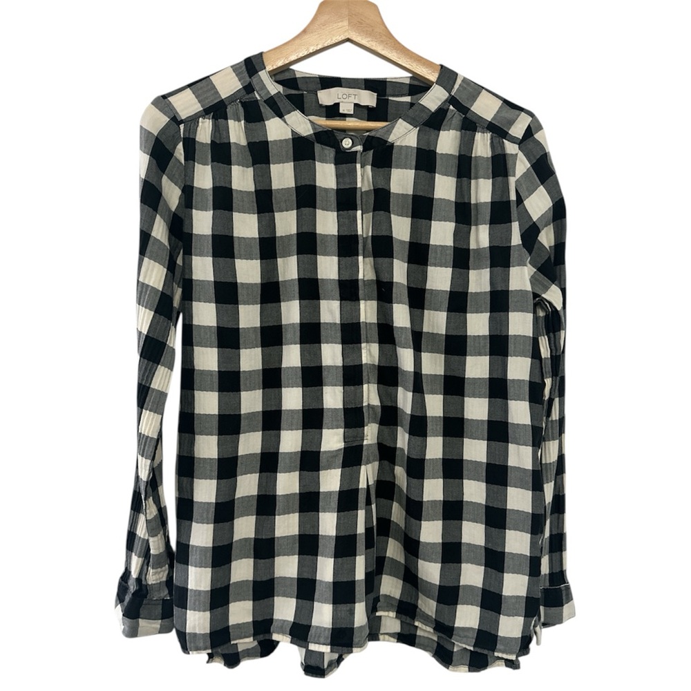 Ann Taylor LOFT Black & White Gingham Popover Tunic Blouse Medium coastal prep